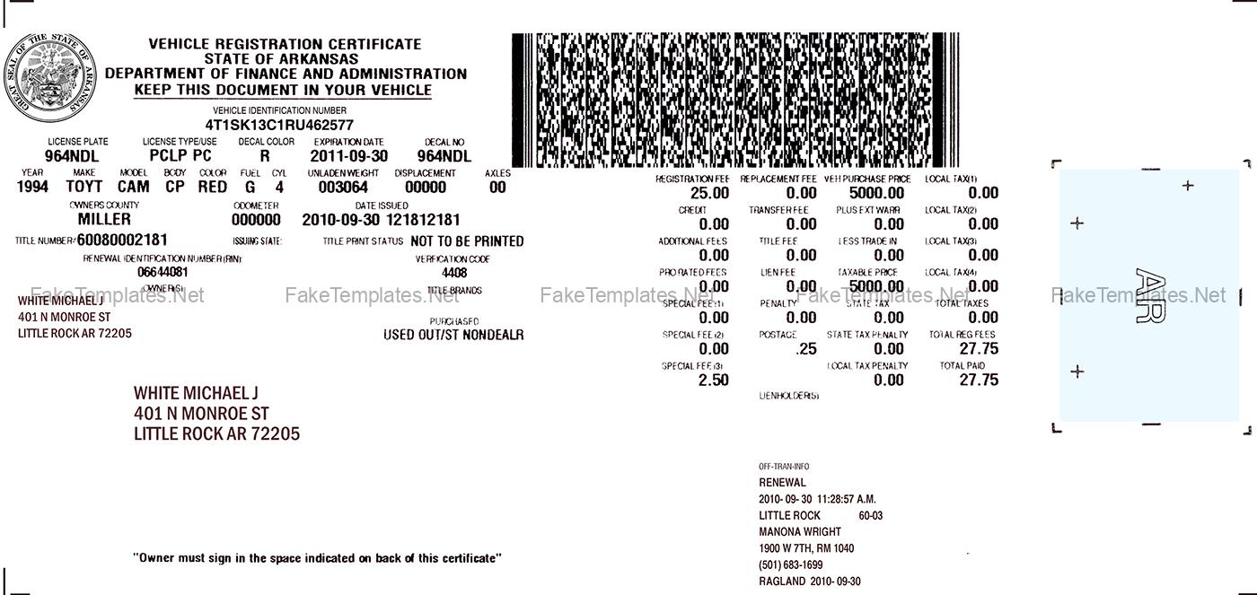 Arkansas Vehicle Registration Certificate Template PSD 2023
