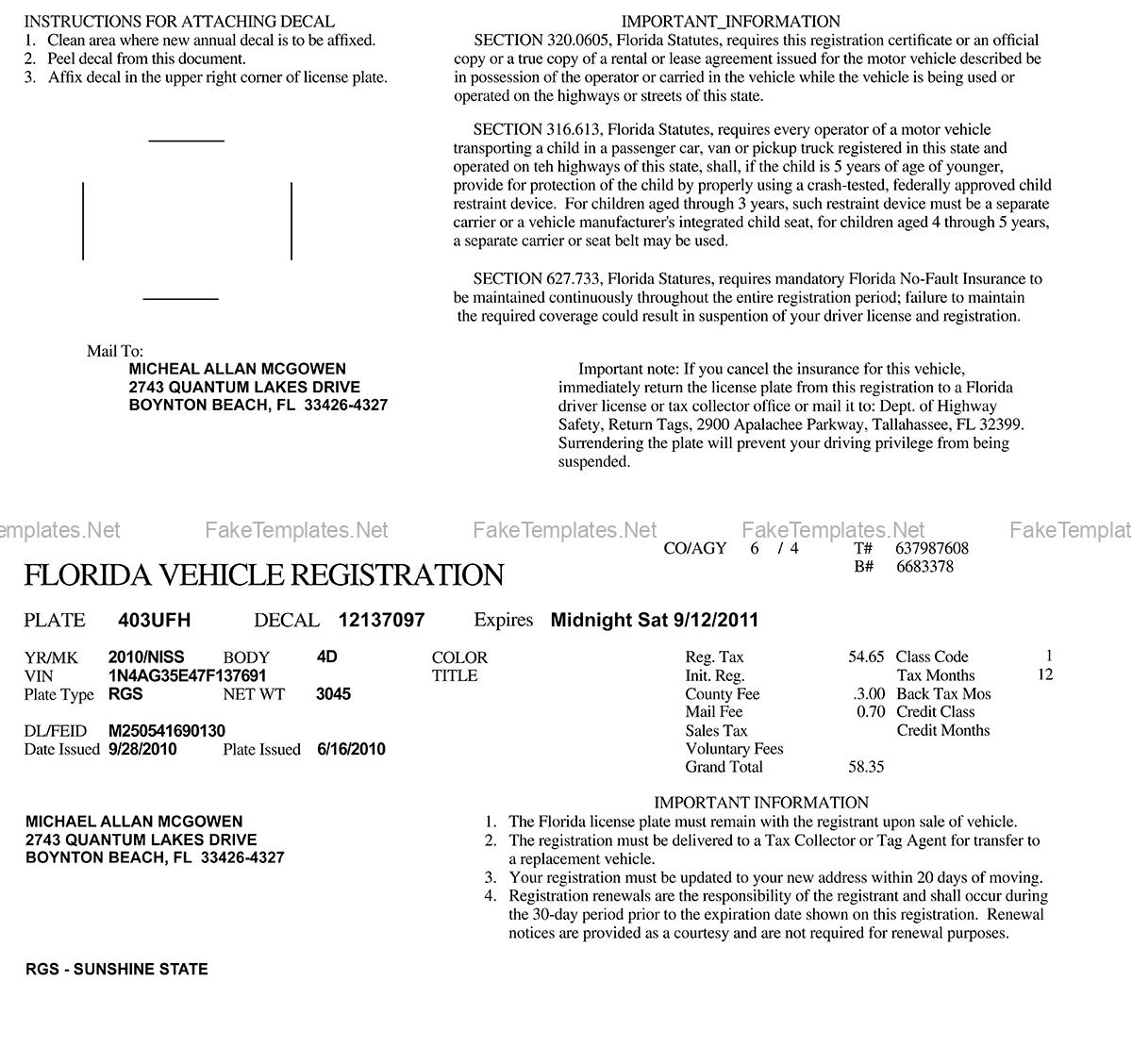 Florida Vehicle Registration Certificate Template PSD 2023